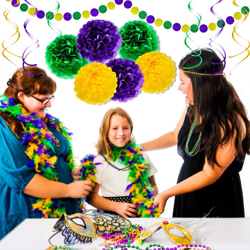 Lansian 32PCS Mardi Gras Decorations Party Favors Supplies, Mardi Gras Decor Props Backdrop, Hanging Swirl Tissue Paper Pom Poms Garland Flowers for Birthday Baby Shower - Image 5